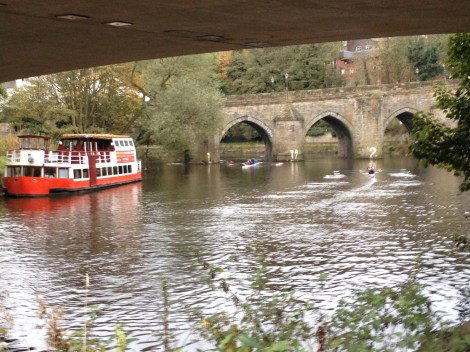 It was a busy morning for boats on the Wear.  They take turns going through the spans at Elvet Bridge.