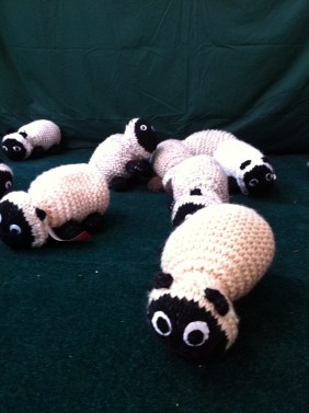 (Knitted) sheep lie in the fields around Bethlehem.